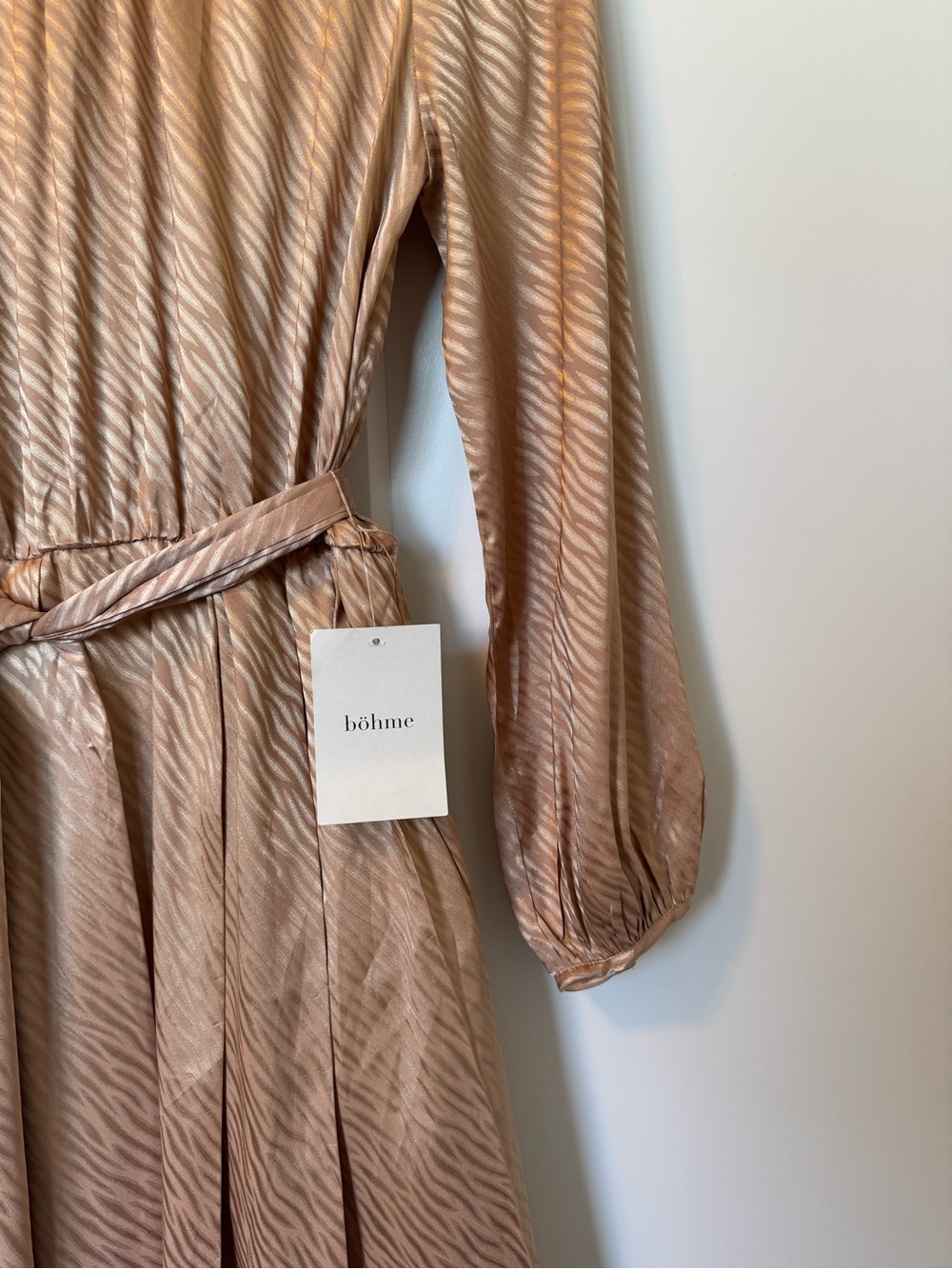 bohme Blush-Tan Long Sleeve Midi Dress with Waist Tie - Picture 3 of 13